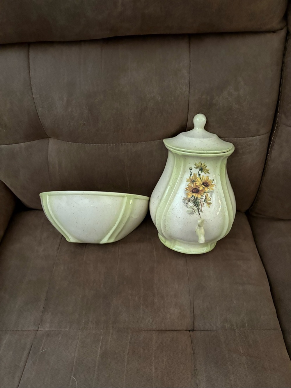 Ceramic Floral Canister and Bowl Set in Cream and Light Green